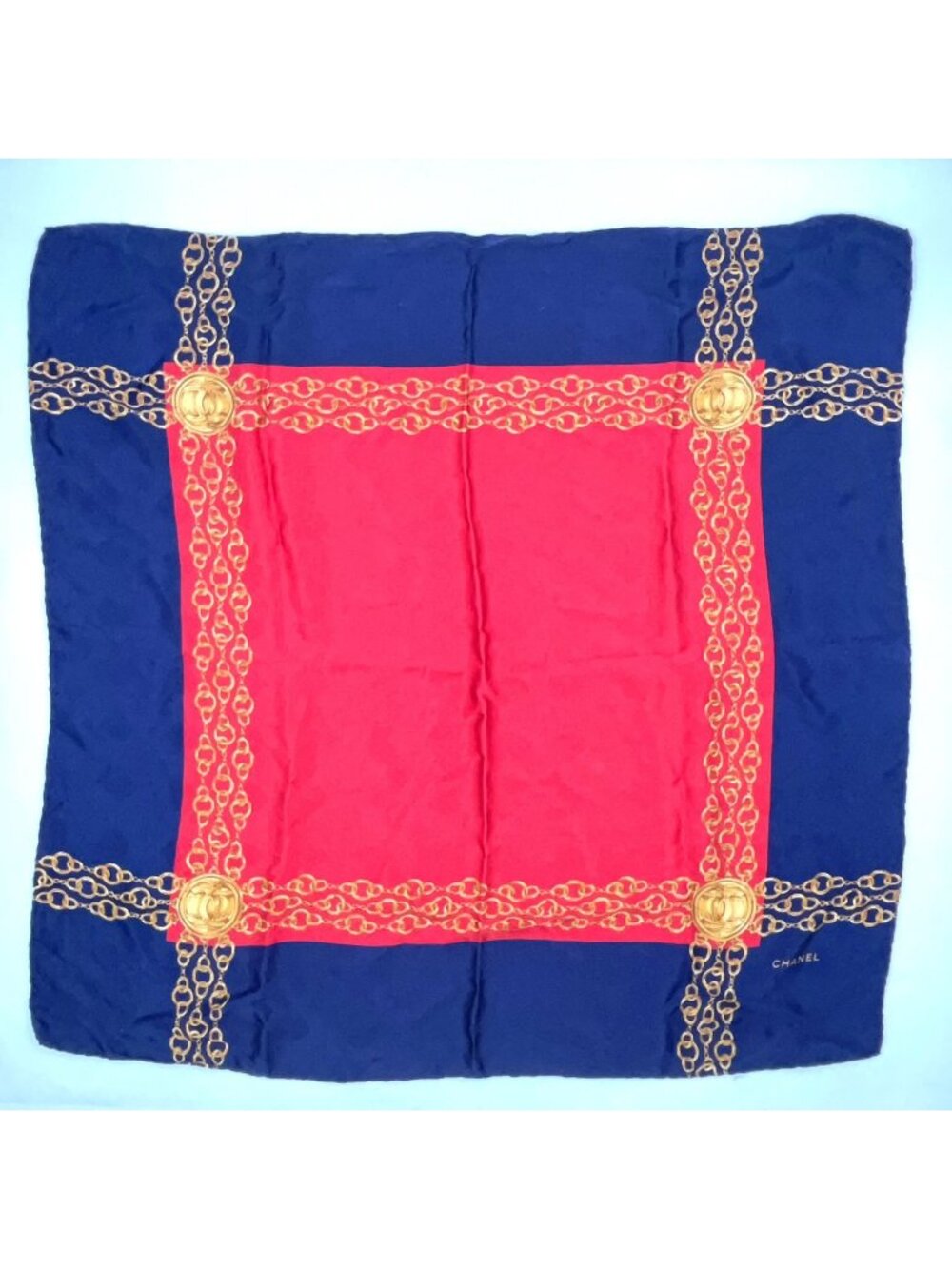 Chanel CC Logo Chain Pattern Silk Navy Red Scarf